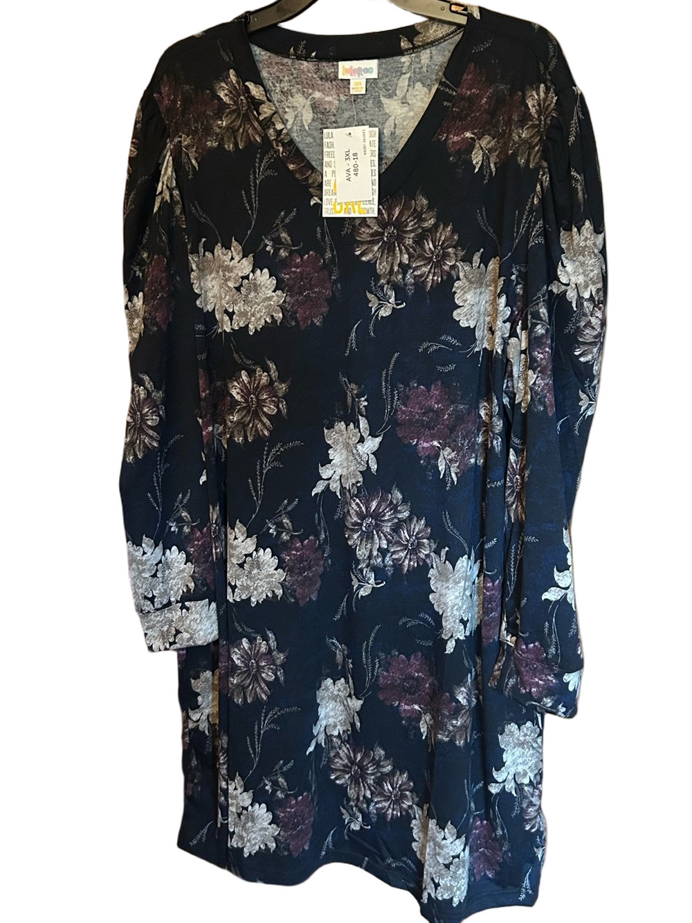 LuLaRoe Black Floral V-Neck Long Sleeve  Top with Ivory and Plum Blooms - Ava 3X